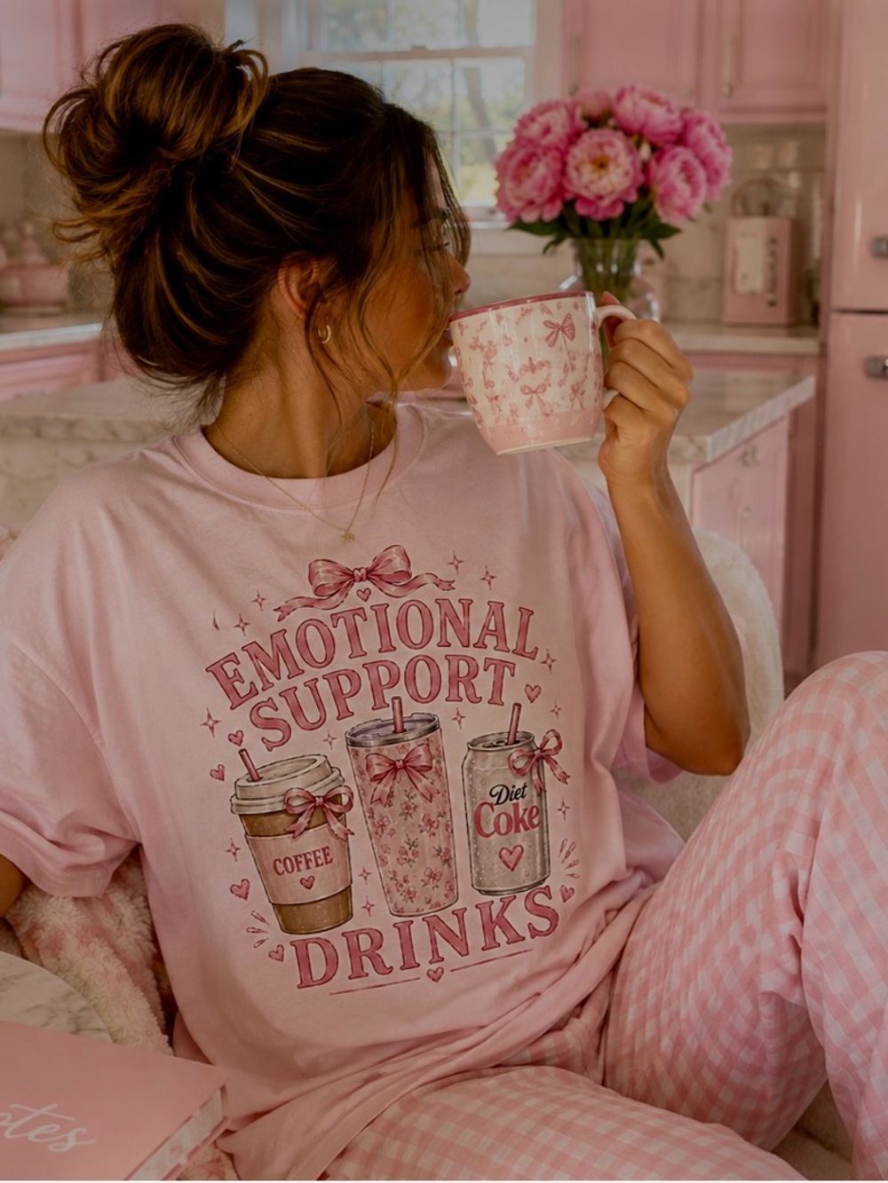 Women’s Pink 'Emotional Support Drinks' Graphic Sleep Tee S-5xl